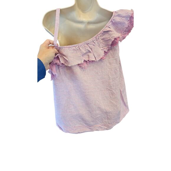 Anthropologie Ruffled Linen One-Shoulder Top MP M PETITE boho glam frill summer - Picture 3 of 8